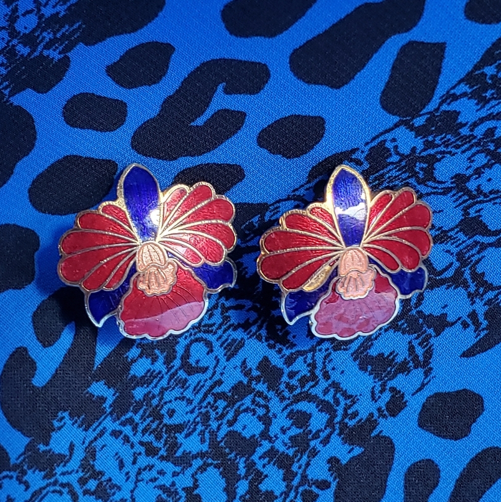 80s Red Enamel Orchid Stud Earrings